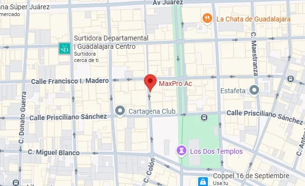 Map showing MaxPro Ac location in Guadalajara with nearby landmarks including Cartagena Club and Los Dos Templos