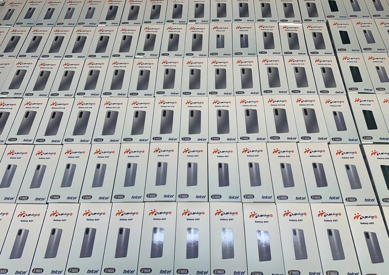 Rows of packaged mobile phone cases and screen protectors displayed in organized retail packaging